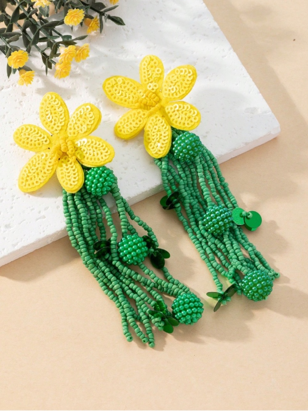 Yellow Flower Beaded Statement Earrings Floral Fringe Earrings Boho NWOT